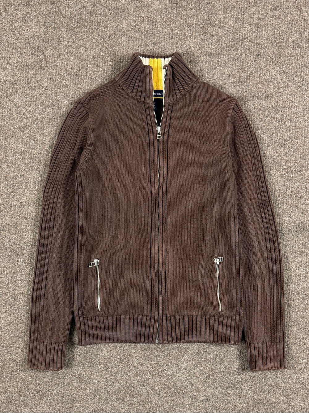 Lands End Brown High Neck Full Zip Ribbed Cardigan Sweater Women’s XS Cotton Y2K